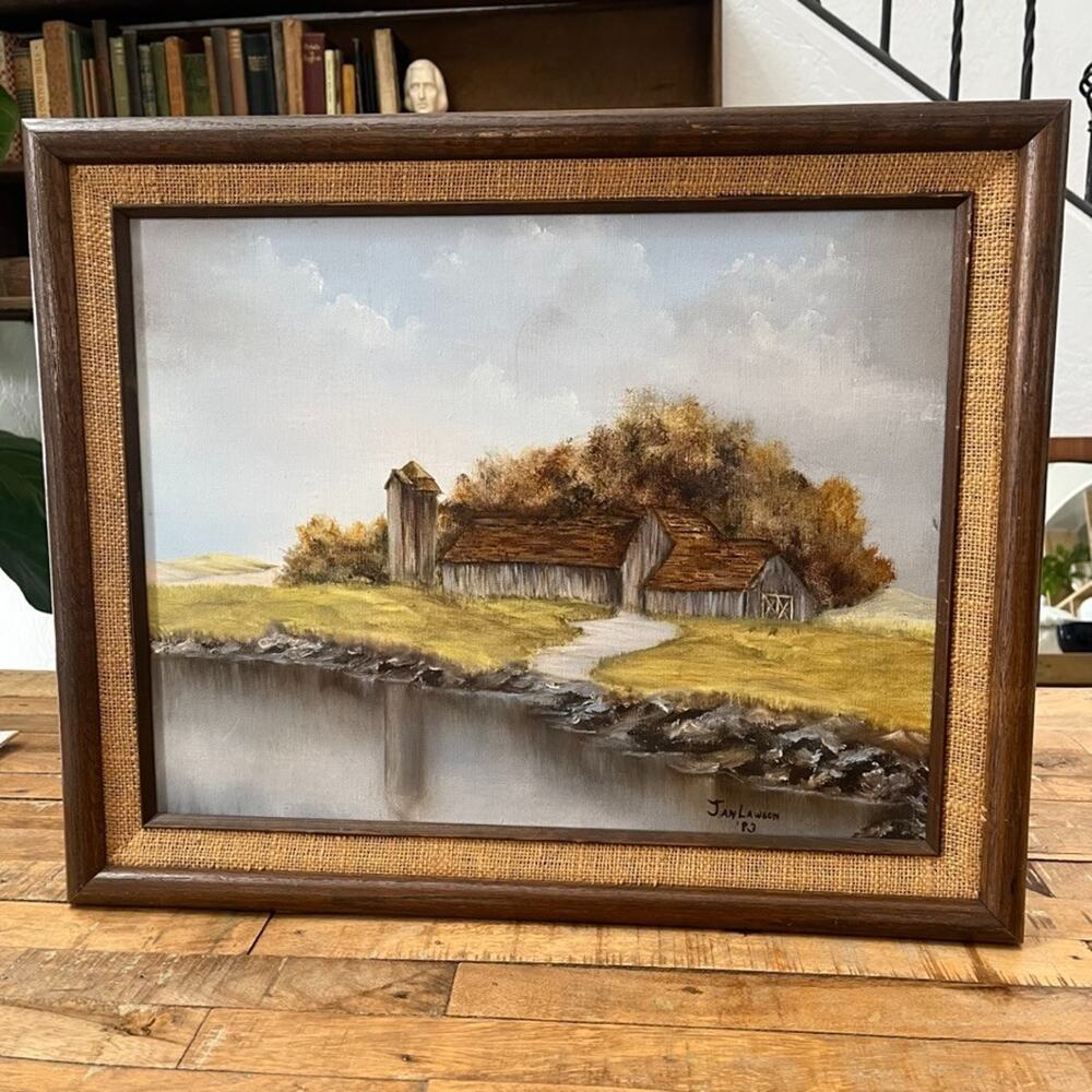 Framed Oil Painting 21 in Rustic Autumn Barn Landscape by Jan Lawson 83